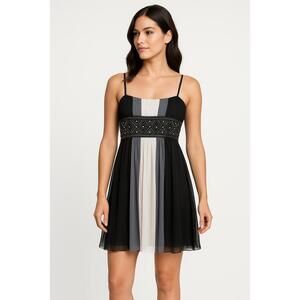 Oleg Cassini Dress Womens Size 10 Black White Mini Pleated Beaded Empire Waist